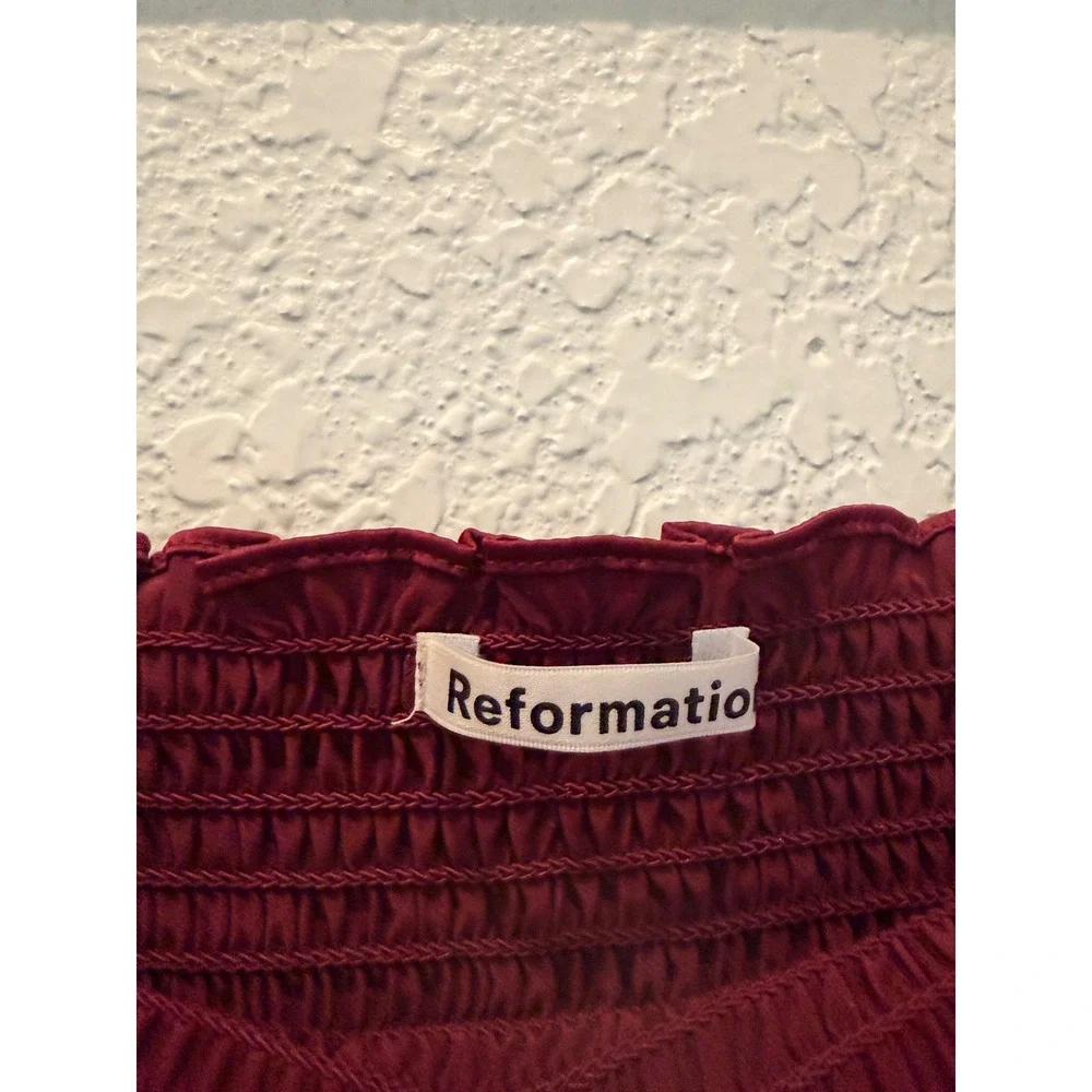 Reformation Burgundy 100% Silk Smocked Long Sleeve Square Neck Chamomile Top  S‎